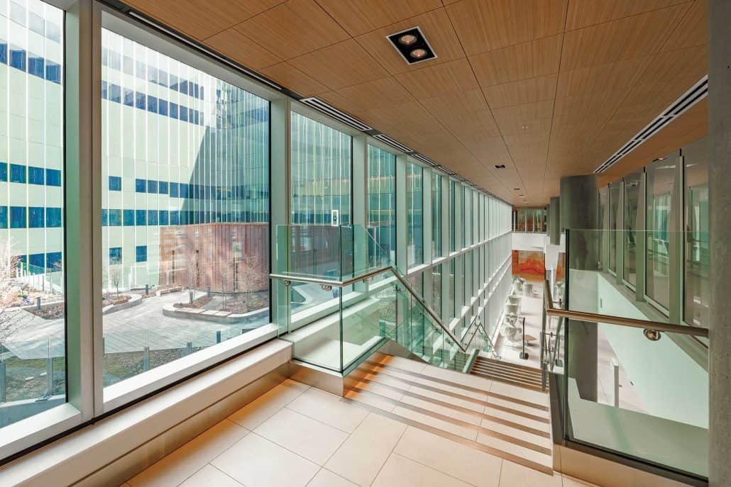 Bright hallway with many windows with a view outside.