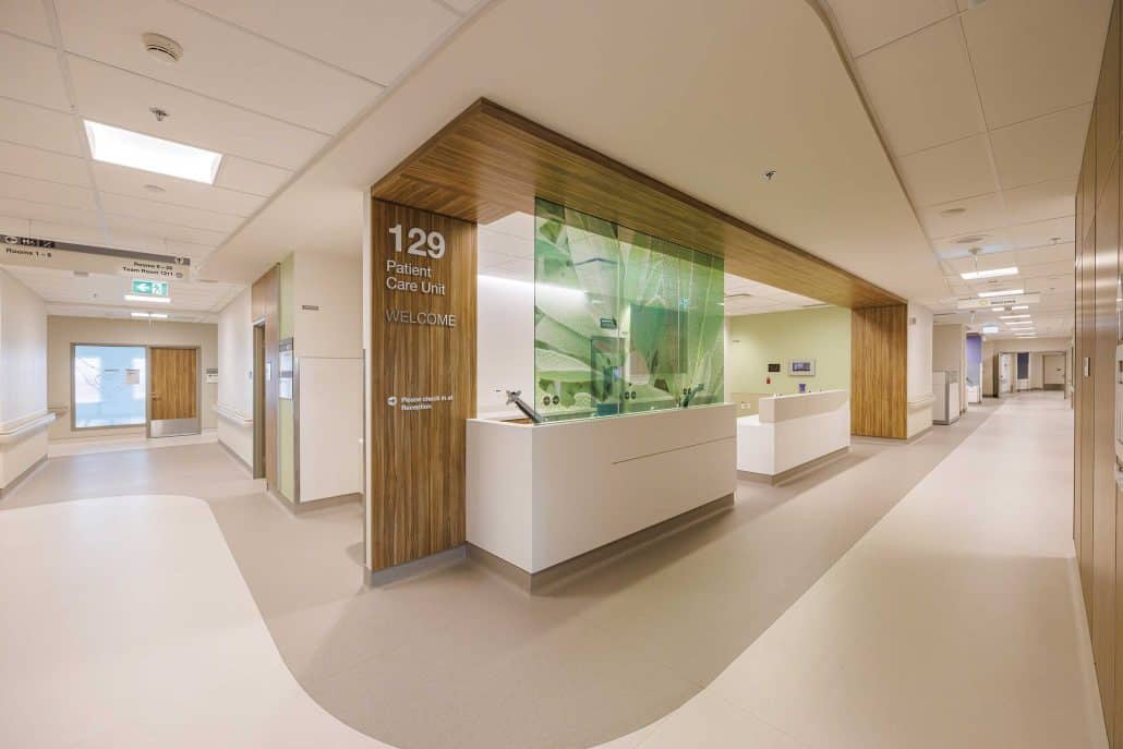 Bright hallway inside a cancer centre.