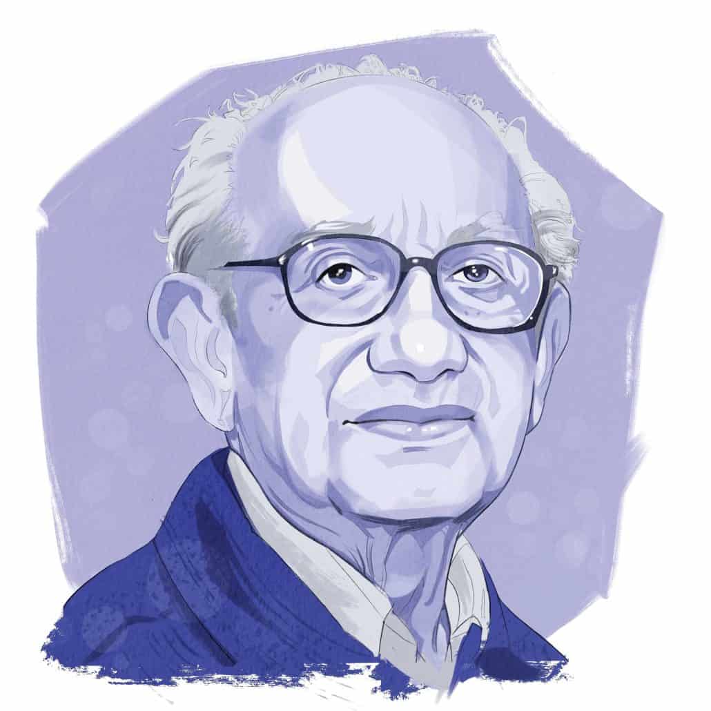 Purple graphic of an older gentleman with glasses. 