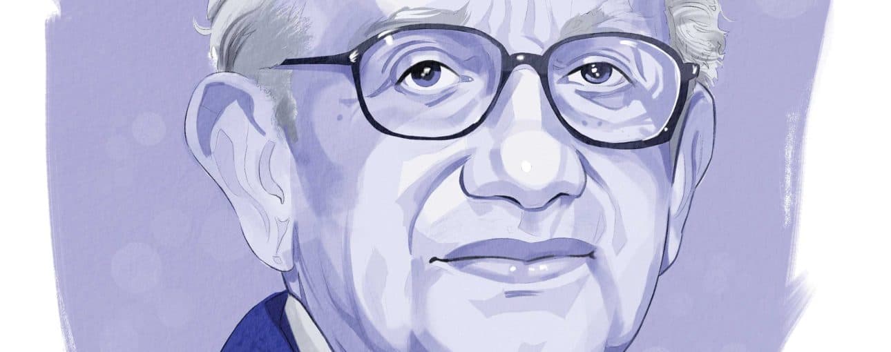Purple graphic of an older gentleman with glasses.
