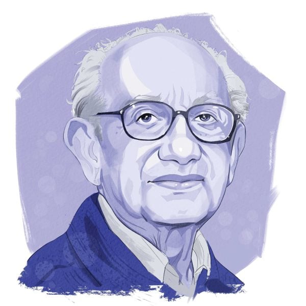 Purple graphic of an older gentleman with glasses.