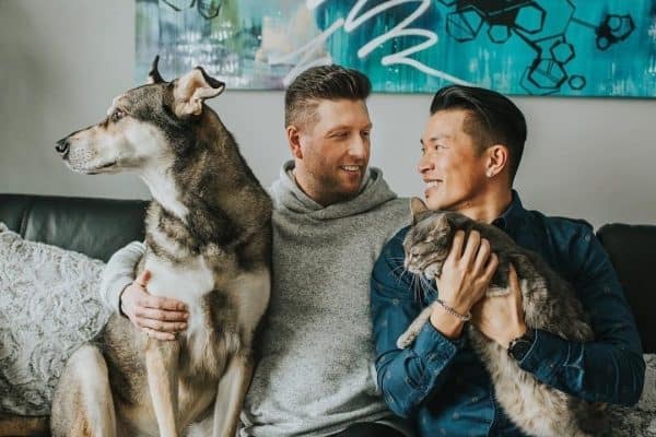 From left to right: Brad and Nick Owen with their pets