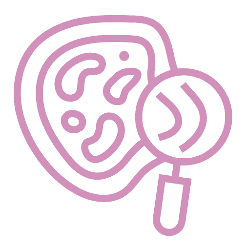 Pink icon of a cell under a microscope. 