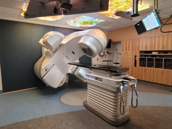 A linear accelerator in a hospital room.